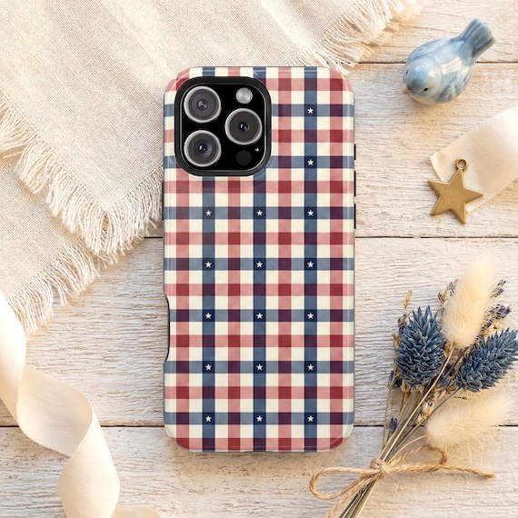 Plaid Patriotic Phone Case, Preppy Americana Aesthetic, Red White Blue Star Pattern, Gingham Classic Summer iPhone Galaxy Pixel Cover Gift