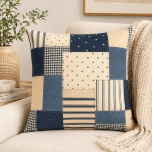 Coastal Faux Patchwork Pillow Cover, Blue Cottage Throw Pillowcase, Farmhouse Quilt Style Cushion Case, Beach House Sofa, Lake Home Decor