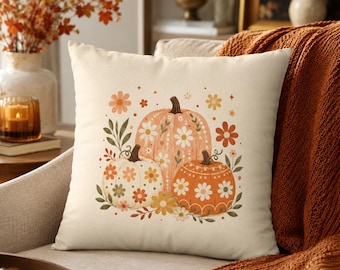 Floral Pumpkin Pillow Cover, Fall Throw Pillowcase, Cute Autumn Couch Cushion Case, Thanksgiving Decor, Cottagecore Pumpkin Home Decor Gift