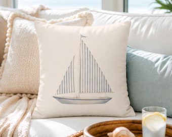 Striped Sailboat Pillow Cover, Nautical Throw Pillowcase, Coastal Cottage Sailing Home Decor, Beach House Accent, Lake House Cushion Case