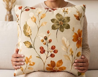Autumn Floral Pillow Cover, Fall Botanical Throw Pillowcase, Harvest Flower Couch Cushion Case, Thanksgiving Decor, Cottagecore Fall Decor