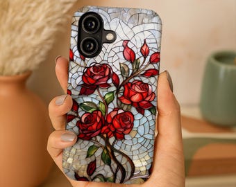 Stained Glass Effect Rose iPhone Case, Floral Mosaic Art, Elegant Romantic Botanical Gift for Her, MagSafe Compatible for Everyday Aesthetic
