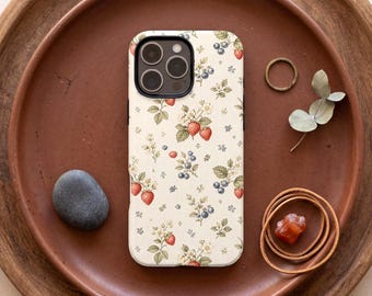 Vintage Strawberry Blueberry Phone Case, Cottagecore Botanical iPhone Cover, Neutral Floral Aesthetic Samsung Galaxy Pixel Cute Fruit Gift
