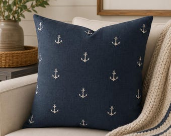 Navy Anchor Pillow Cover, Coastal Nautical Home Accent Decor Lake House Throw Pillowcase, Minimal Beach Cottage Farmhouse Cushion Case Gift