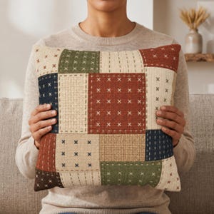 Faux Patchwork Autumn Pillow Cover,  Geometric Quilt Look Throw Pillowcase, Rustic Couch Cushion Case, Farmhouse Fall Decor Cabin Accent