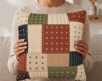 Faux Patchwork Autumn Pillow Cover,  Geometric Quilt Look Throw Pillowcase, Rustic Couch Cushion Case, Farmhouse Fall Decor Cabin Accent