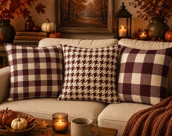 Faux Patchwork Fall Throw Pillow Cover, Cozy Autumn Quilt Look Cushion Case, Rustic Thanksgiving Pillowcase, Cottagecore Harvest Decor Gift