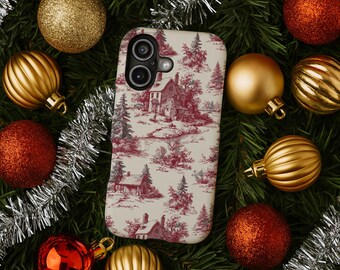 Christmas Village iPhone Case with Toile du Juoy- Her Christmas Pattern Stocking Stuffer Gift, MagSafe 13 to 17 Plus Pro Max Air Phone Cover