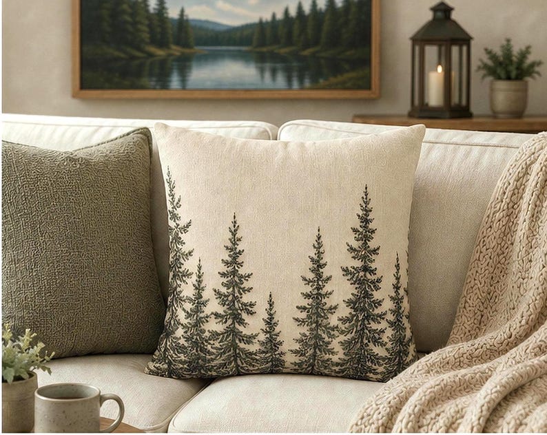 May include: A square throw cushion featuring a cream-coloured fabric base with a detailed black ink-style illustration of a dense forest of pine trees. The design covers the front surface, showcasing various heights of evergreen trees in a repeating pattern.