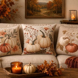 May include: Three square throw pillows with a beige linen-like texture, each featuring a printed illustration of pumpkins and autumn flowers in shades of orange, cream, and green, arranged on a light-colored sofa with a textured throw blanket.