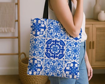 Portuguese Azulejos Tote Bag Tile Print Inspired for Her, Stylish Mom, Wife, Best Friend, Daily, Vacation, Beach, Fashionable Birthday Gift