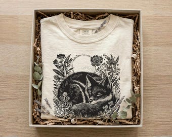 Linocut Sleeping Fox T-Shirt, Woodland Animal Comfort Colors Tee, Vintage Nature Art Whimsical Cottagecore Style Wildlife Lover Gift for Her