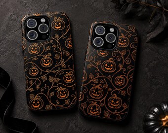 Jack-O'-Lantern Vine Phone Case, Black Orange Halloween iPhone Cover, Autumn Spooky Pumpkin Gothic Samsung Galaxy Pixel MagSafe Tough Gift