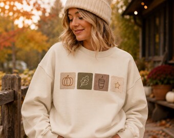 Faux Patchwork Cozy Fall  Sweatshirt, Pumpkin Leaf Coffee Patch Crewneck, Minimal Autumn Pullover for Women, Cozy Season Thanksgiving Gift