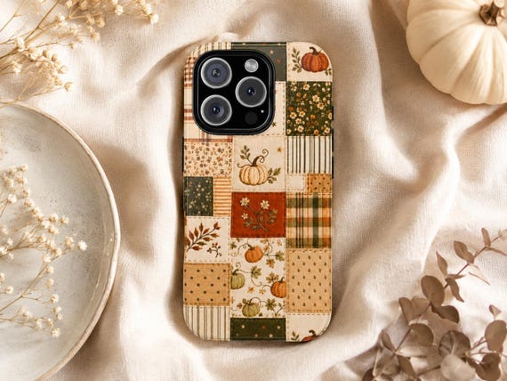 Faux Patchwork Pumpkin Phone Case, Vintage Fall Quilt iPhone Cover, Cozy Cottagecore Floral Case for Samsung Galaxy Pixel MagSafe Tough Gift