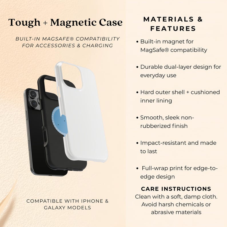 May include: Three phone cases: black, white, and black. The cases are labeled "Tough + Magnetic Case" and are compatible with iPhone and Galaxy models. Features include MagSafe compatibility and a durable dual-layer design.