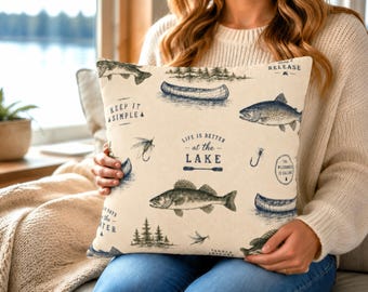 Lake House Pillow Cover, Rustic Fishing Cabin Chic Throw Pillowcase, Vintage Canoe Fisherman Cushion Case, Lake Life Lodge Decor Accent Gift