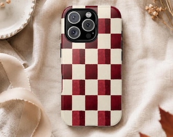 Burgundy Checkered Phone Case, Rustic Checkerboard iPhone Case, Berry Red Cream Gingham Pattern, Cottagecore Samsung Galaxy Pixel Cover Gift