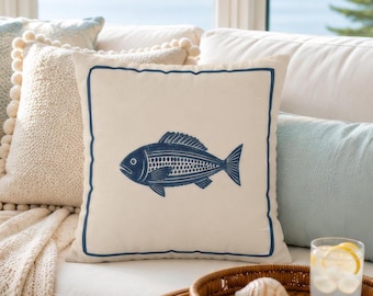 Coastal Fish Pillow Cover, Nautical Throw Pillowcase, Blue Coastal Home Decor, Beach House Accent Cushion Case Vintage Maritime Cottage Gift
