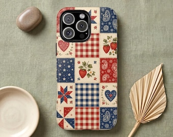 Americana Patchwork Phone Case, Coquette Patriotic iPhone Galaxy Pixel MagSafe Tough Cover, Vintage Bandana Strawberry Checker Gift for Her
