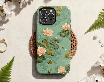Chinoiserie Garden iPhone Case for Elegant Decor Lover, Lotus Flower and Rabbit Phone Cover, Vintage Botanical MagSafe Tough Protective Case
