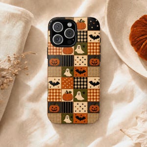 Halloween Ghost Faux Patchwork Phone Case, Pumpkin Bat iPhone, Cozy Cottagecore Autumn Samsung Galaxy Pixel MagSafe Tough Cover,  Fall Gift