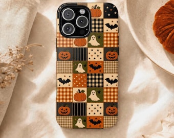 Halloween Ghost Faux Patchwork Phone Case, Pumpkin Bat iPhone, Cozy Cottagecore Autumn Samsung Galaxy Pixel MagSafe Tough Cover,  Fall Gift