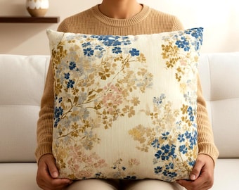 Neutral Floral Pillow Cover, Vintage Botanical Cushion Case, Beige Blue Flower Decor, Minimal Cottagecore Accent, Soft Farmhouse Pillowcase