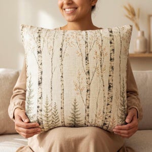 May include: A square throw pillow featuring a printed pattern of birch trees and evergreen pine trees. The design uses a neutral color palette of beige, black, and muted green, with thin branches and leaves depicted in a soft, light brown tone.