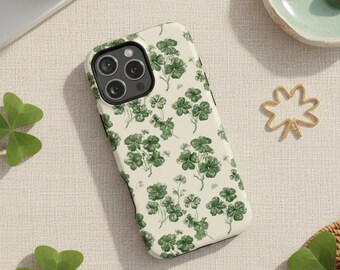 Vintage Clover Art iPhone Case, Green Botanical Floral Pattern, Lucky Charm Nature-Inspired Gift for St. Patrick's MagSafe Compatible 13–17