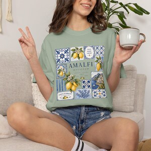 Amalfi Tile Lemon Shirt, Italy Vacation Outfit, Italian Ceramic Mediterranean Pattern T-Shirt Coastal Europe Amalfi Coast Top Gift for Women Bay Green