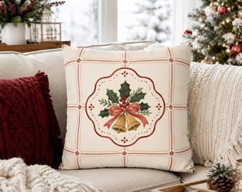 Christmas Bell Pillow Cover, Holly Berry Holiday Throw Pillowcase, Vintage Red Bow Christmas Decor, Traditional Cottage Winter Accent Case
