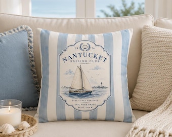 Nantucket Sailing Club Pillow Cover, Coastal Nautical Throw Pillowcase, Vintage Yacht Club Decor, Beach House Accent Cushion Case Seaside