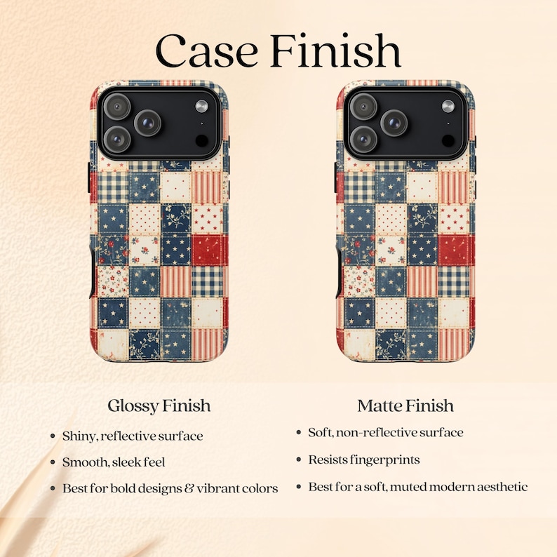 Op de afbeelding: Twee telefoonhoesjes met een patchwork-ontwerp in rood, wit en blauw. De linkerhoes heeft een glanzende afwerking en de rechterhoes een matte afwerking. Bovenin staat de tekst "Case Finish". Daaronder beschrijft de tekst de afwerkingen.