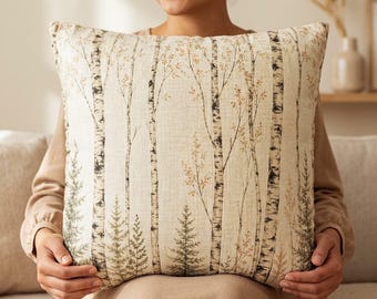 Birch Tree Pillow Cover, Woodland Forest Throw Pillowcase, Neutral Couch Cushion Case, Rustic Cabin Chic Home Decor, Fall Winter Nature Gift
