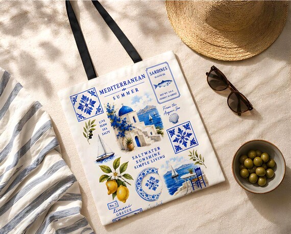 Mediterranean Tote, Santorini Greece  Beach Gift for Her Trip, Greek Island Reusable Market Bag, Blue White Coastal Summer Vacation Travel