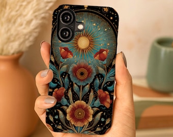 Celestial Sun iPhone Case, Art Nouveau Botanical MagSafe Tough Phone Cover, Mystical Floral Aesthetic Chic Vintage Zodiac Style Gift for Her