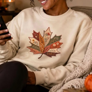 Faux Embroidered Patchwork Maple Leaf Sweatshirt, Floral Fall Crewneck, Cottagecore Autumn Pullover for Women, Thanksgiving Gift for Her