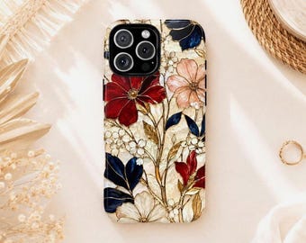 Faux Stained Glass Patriotic Floral Phone Case, Red White Blue Wildflowers iPhone Cover, Vintage Samsung Galaxy Pixel Elegant MagSafe Gift