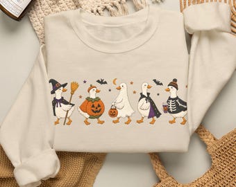 Faux Embroidered Halloween Goose Sweatshirt, Silly Goose Costume Crewneck, Cute Spooky Season Pullover for Women, Fall Gift for Goose Lovers