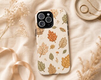 Faux Patchwork Fall Leaves Phone Case, Floral Fabric Leaf iPhone Cover, Cottagecore Plaid Striped Samsung Galaxy Pixel MagSafe Tough Gift