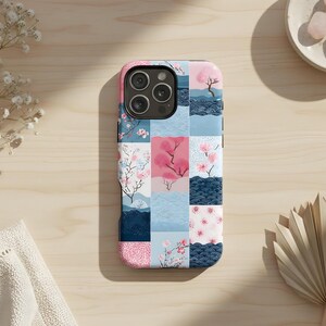 Cherry Blossom Patchwork iPhone Case, Japanese Floral Aesthetic, Sakura Wave Pattern Design Soft Pastel Cottagecore MagSafe Tough Cover Gift