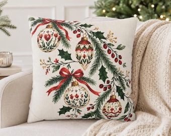 Christmas Ornament Pillow Cover, Vintage Floral Bauble Throw Pillowcase, Holly Pine Holiday Decor, Traditional Cottage Christmas Accent Gift