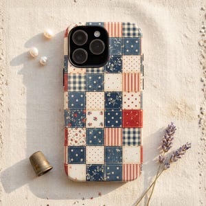 Americana Faux Patchwork Phone Case Vintage Quilt Style Cottagecore Patriotic Aesthetic Tough MagSafe Cover for iPhone Samsung Galaxy Pixel