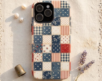 Americana Faux Patchwork Phone Case Vintage Quilt Style Cottagecore Patriotic Aesthetic Tough MagSafe Cover for iPhone Samsung Galaxy Pixel