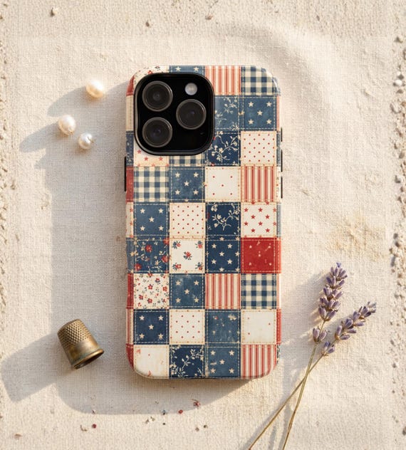 Americana Faux Patchwork Phone Case Vintage Quilt Style Cottagecore Patriotic Aesthetic Tough MagSafe Cover for iPhone Samsung Galaxy Pixel