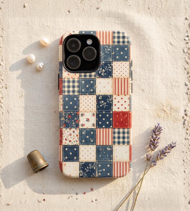 Americana faux patchwork phone case with vintage quilt pattern in red blue and cream patriotic cottagecore aesthetic design