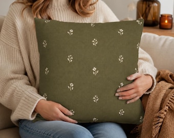 Olive Green Floral Pillow Cover, Minimal Botanical Throw Pillowcase, Autumn Flower Farmhouse Couch Cushion Case, Fall Home Decor Accent Gift