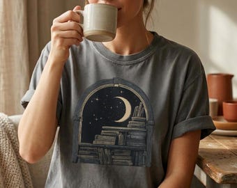 Linocut Moon Bookshelf T-Shirt, Comfort Colors Tee, Dark Academia Reader, Vintage Celestial Book Lover Gift for Writer, Librarian, Her & Him