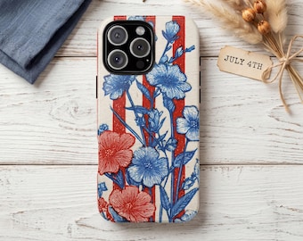 American Flag Floral Phone Case for Patriotic Style Lovers, Vintage Americana iPhone Samsung Galaxy Pixel Cover, Red Blue Stripe Design Gift